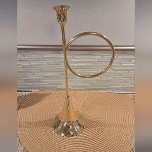 Vintage Solid Brass 13.25" Tall Trumpet Candle Holder Musical Instrument